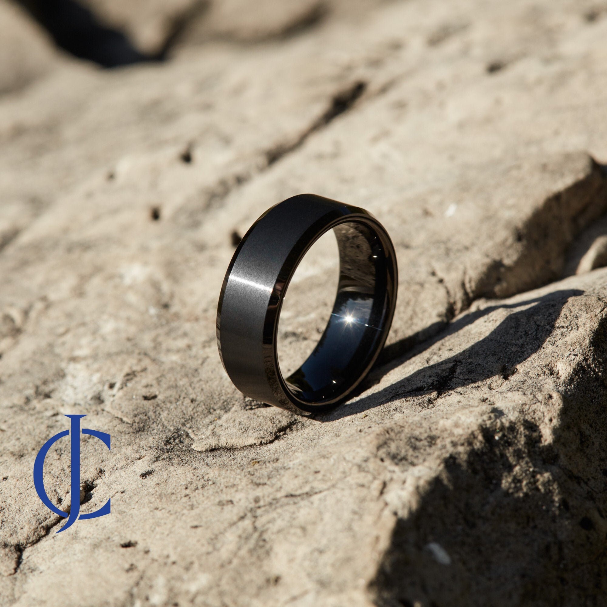 Alliance Homme Argent Bleu Calefee - Acier Inoxydable 6 Ou 8 Mm - Gravure Personnalisable