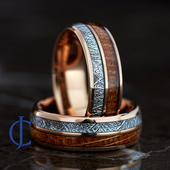 Mens Wedding Band, Whiskey Barrel Ring, Meteorite Ring, Rose Gold