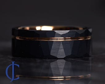 Alianza de boda negra en oro rosa, anillo de tungsteno negro martillado, alianza de boda de tungsteno en oro rosa de 18 quilates, anillo de boda de tungsteno para hombre, 8 mm de ancho