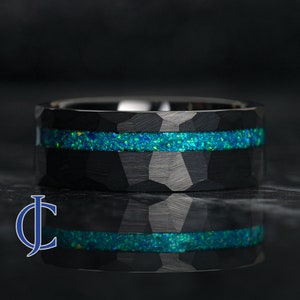 Black Hammered Wedding Band, Blue Opal Inlay, Tungsten Wedding Ring, Tungsten Mens Ring, Acqua, Turquoise Opal, 8MM wide