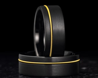 Gold Guitar String Tungsten Ring, Black Tungsten Ring, Gold Guitar String Inlay, Mens Wedding Ring, 8mm Wide