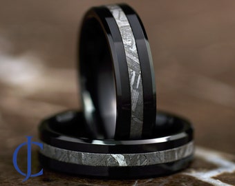 Meteorite Ring, Black Tungsten Meteorite Ring, Unique Wedding Band, Authentic Swedish Muonionalusta Meteorite Ring, 6MM Wide