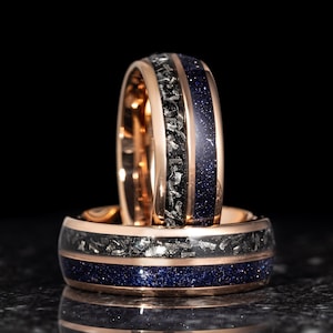 Rose Gold Tungsten Ring, Meteorite and Blue Sandstone Wedding Band, Mens Wedding Ring, Mens Ring, 8mm Wide
