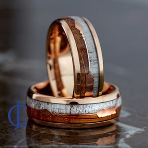 Mens Wedding Band, Whiskey Barrel Oak Ring, Deer Antler Ring, Rose Gold Mens Ring, Mens Promise Ring, 8MM Wide