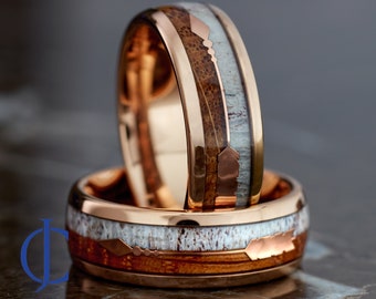 Mens Wedding Band, Whiskey Barrel Oak Ring, Deer Antler Ring, Rose Gold Mens Ring, Mens Promise Ring, 8MM Wide