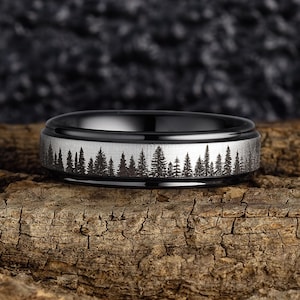 Fir Tree Forest Mens Wedding Band – Nature Tungsten Ring Wedding Band Mens – Unique Forest Wedding Band - 6mm Wide