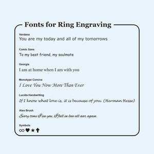 Puede incluir: Una imagen de dise&ntilde;o gr&aacute;fico que muestra diferentes fuentes para el grabado de anillos. Las fuentes se muestran con texto de muestra, como "You are my today and all of my tomorrows" y "To my best friend, my soulmate".