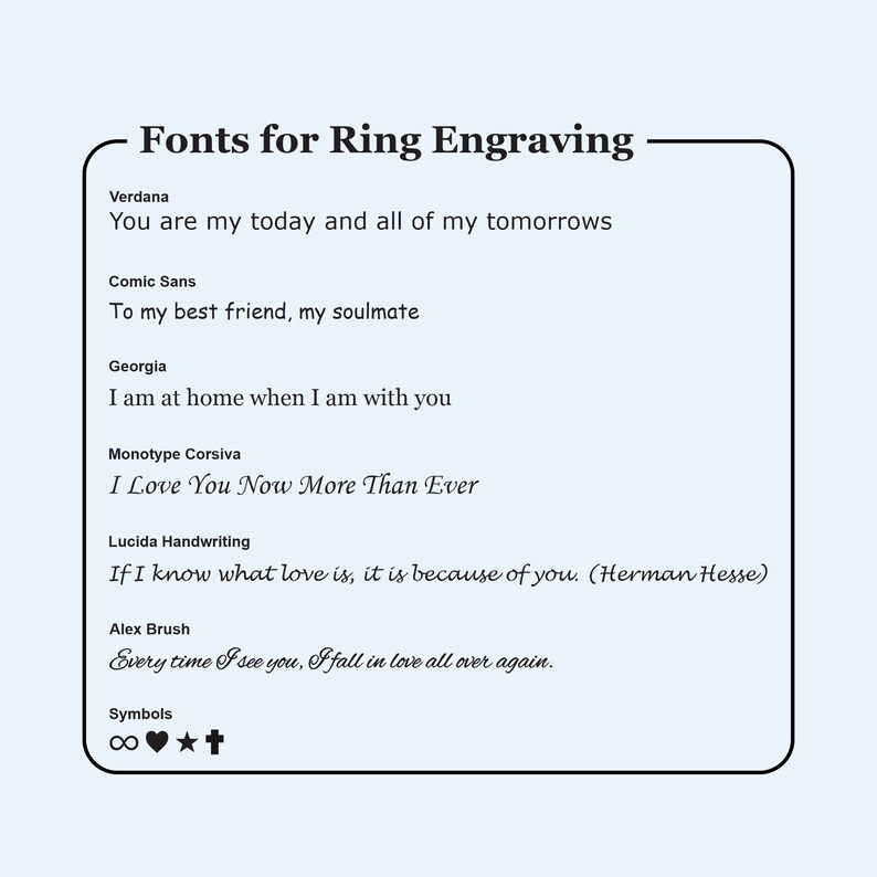Puede incluir: Una imagen de dise&ntilde;o gr&aacute;fico que muestra diferentes fuentes para el grabado de anillos. Las fuentes se muestran con texto de muestra, como "You are my today and all of my tomorrows" y "To my best friend, my soulmate".