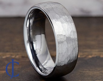 Mens Wedding Band, Silver Tungsten Ring, Mens Wedding Ring, Hammered Wedding Ring, Mens Engagement Ring, Engraved Ring, 8MM Wide