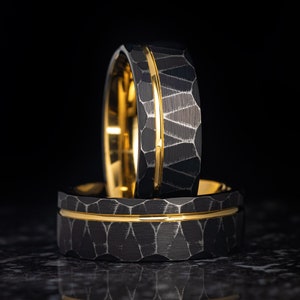 Yellow Gold Black Wedding Band, Hammered Distressed Black Tungsten Ring, 18K Gold Tungsten Wedding Band, Mens Wedding Ring, 8mm Wide