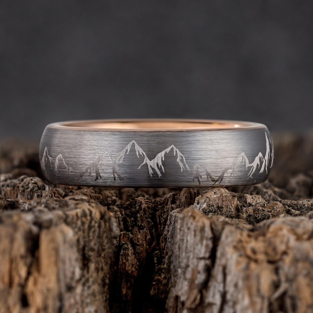 Alpine Rings Mountain Range Wedding Ring Rose Gold Tungsten – Wedding Band Mens ...
