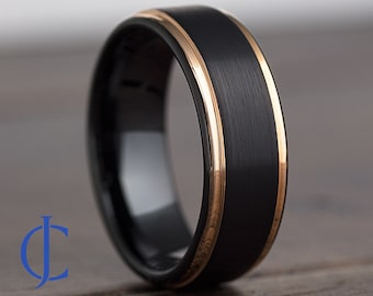 Mens Wedding Band, Mens Ring, Mens Wedding Ring, Male Wedding Band, Rose Gold, Black Ring, Mens Engagement Ring, Engraved Ring, 8MM Wide