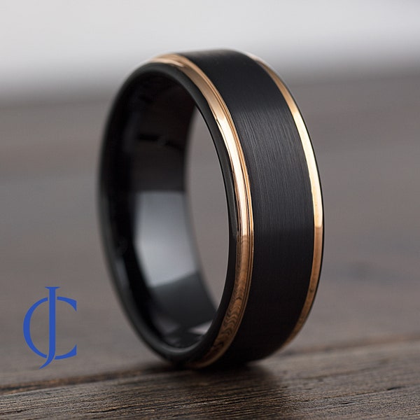 Mens Wedding Band, Mens Ring, Mens Wedding Ring, Male Wedding Band, Rose Gold, Black Ring, Mens Engagement Ring, Engraved Ring, 8MM Wide