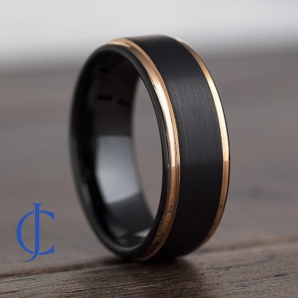 Alianza de boda para hombre, anillo para hombre, anillo de compromiso para hombre, alianza de boda masculina, oro rosa, anillo negro, anillo de compromiso para hombre, anillo grabado, 8 mm de ancho