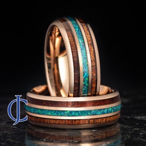 Blue Opal Rose Gold Ring, Hawaiian Koa Tungsten Wedding Band, Wood Wedding Band, Wooden Ring, Opal Ring, 8MM wide