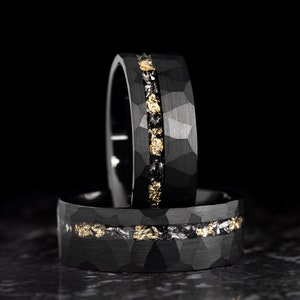 Meteorite and Gold Leaf Tungsten Ring, Black Tungsten Ring, Hammered Mens Wedding Band, Meteorite Mens Band, Mens Wedding Ring, 8mm Wide