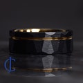 Yellow Gold Black Wedding Band, Hammered Black Tungsten Ring, 18K Gold Tungsten Wedding Band, Mens Ring, Mens Wedding Ring, 8mm Wide
