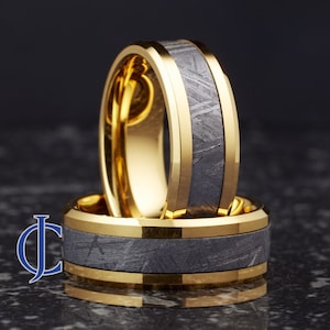 May include: Two gold and gray wedding bands with a beveled edge and a meteorite inlay. The bands are stacked on top of each other.