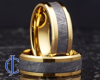 Meteorite Ring, Yellow Gold Tungsten Meteorite Ring, Unique Wedding Band, Authentic Swedish Muonionalusta Meteorite Ring, 8MM Wide