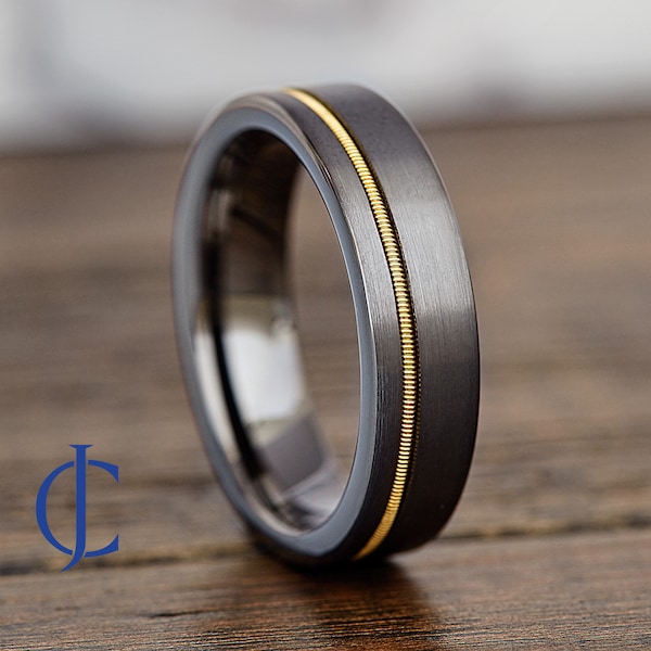 Mens Tungsten Wedding Band, Gunmetal Tungsten Ring, Guitar String Tungsten Wedding Band, Mens Ring, Mens Tungsten Wedding Ring, 6mm Wide