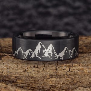 Mountain Range Mens Wedding Band – Nature Tungsten Ring Wedding Band Mens – Unique Mountains Wedding Band Black - 8mm Wide