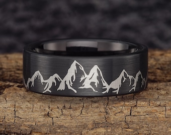 Mountain Range Mens Wedding Band – Nature Tungsten Ring Wedding Band Mens – Unique Mountains Wedding Band Black - 8mm Wide