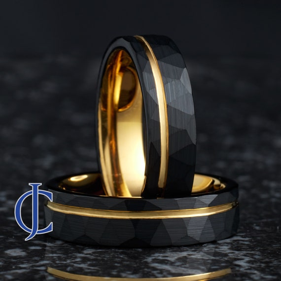 Yellow Gold Black Wedding Band, Hammered Black Tungsten Ring, 18K