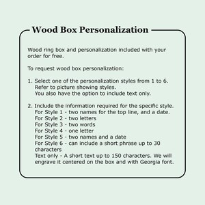 May include: A guide to personalizing a wooden box. The text explains how to choose from six different personalization styles, including adding names, dates, letters, words, and short phrases. The text also mentions that the personalization is included for free with the purchase of the box.