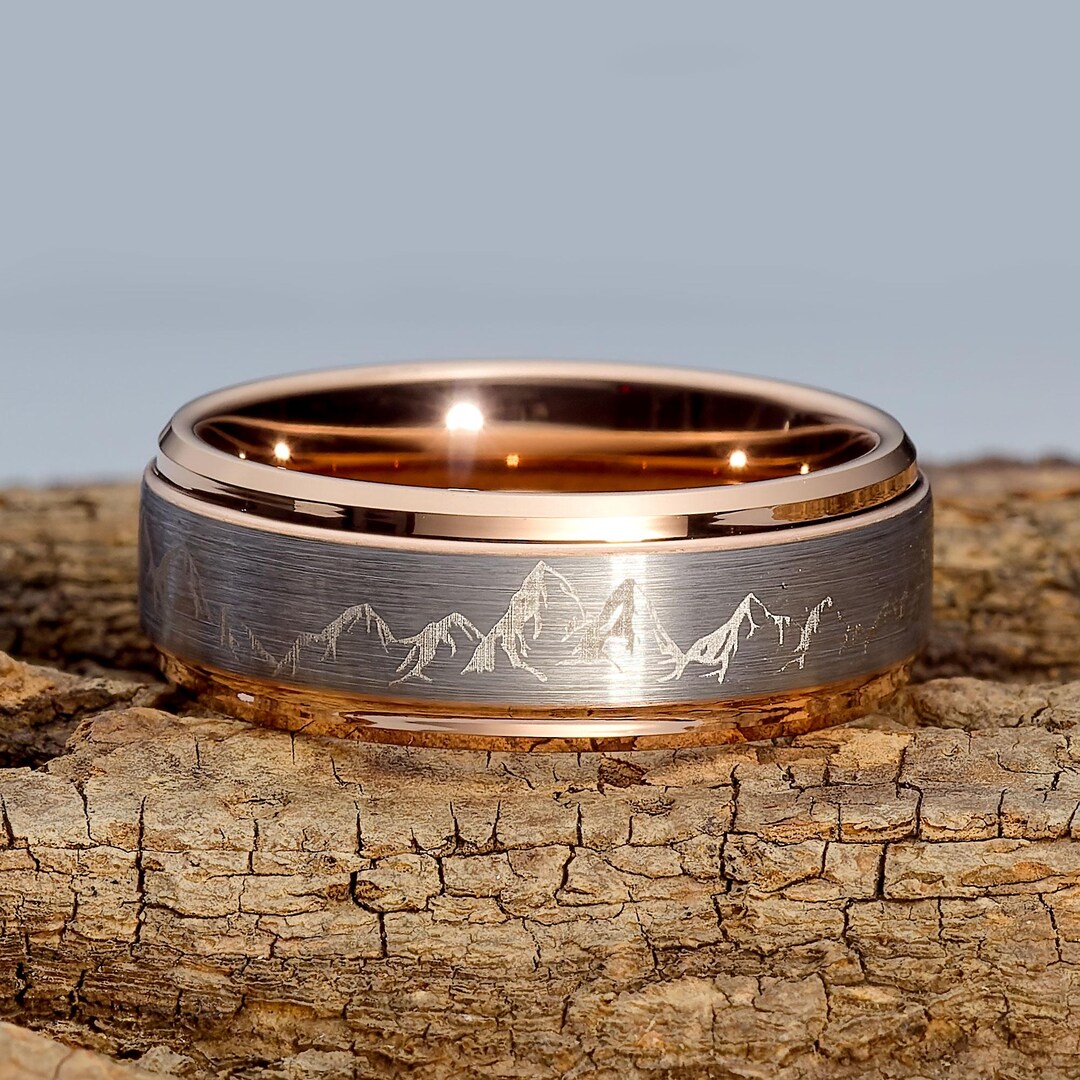 Alpine Rings Unique Mountain Range Wedding Ring Rose Gold Tungsten – Mountains Mens ...