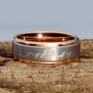 Unique Mountain Range Wedding Ring Rose Gold Tungsten – Mountains Mens Wedding Band – Nature Tungsten Mens Ring