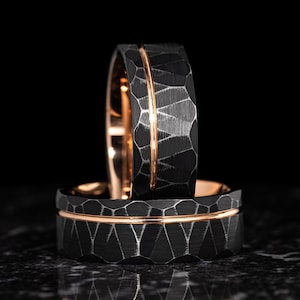 Rose Gold Black Wedding Band, Hammered Distressed Black Tungsten Ring, 18K Rose Gold Tungsten Band, Mens Tungsten Wedding Ring, 8mm Wide