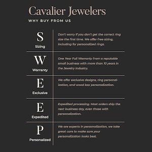 May include: A black and white graphic with the text "Cavalier Jewelers" and "Why Buy From Us" at the top. The graphic lists five reasons to buy from Cavalier Jewelers: Sizing, Warranty, Exclusive, Expedited, and Personalized. Each reason is accompanied by a letter and a brief description.