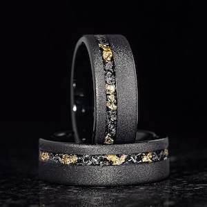 Meteorite and Gold Leaf Tungsten Ring, Black Tungsten Ring, Sandblasted Mens Wedding Band, Meteorite Mens Band, Mens Wedding Ring, 8mm Wide