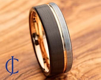 Mens Wedding Band, Tungsten Ring, Mens Ring, Mens Wedding Ring, Male Wedding Band, Black Ring, Mens Engagement Ring, Engraved Ring, 8MM Wide