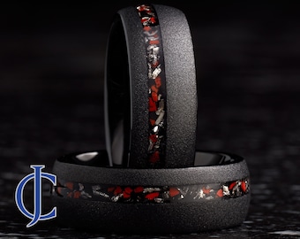 Dinosaur Bone and Meteorite Wedding Band, Sandblasted Black Tungsten Ring, Dinosaur Bone and Meteorite Ring, Mens Ring, 8mm Wide