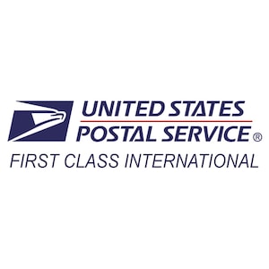 May include: United States Postal Service logo with the text "FIRST CLASS INTERNATIONAL" below it.