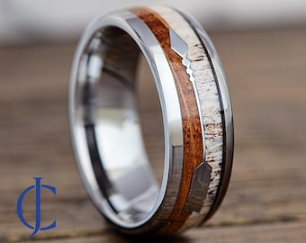 Mens Wedding Band, Whiskey Barrel Oak Ring, Deer Antler Ring, Mens Ring, Male Wedding Band, Mens Promise Ring, 8MM Wide