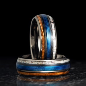 Fishing Wedding Band with Antler and Charred Whiskey Barrel Wood, Blue Fishing Line Wedding Ring, Antler Ring, 8mm Wide