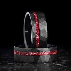 Hammered Tungsten Ring, Black Tungsten Ring, Red Crystal Wedding Band, Mens Wedding Ring, 8mm Wide