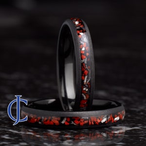 Dinosaur Bone and Meteorite Ring, Sandblasted Black Tungsten Ring, Dinosaur Bone and Meteorite Wedding Band, Womens Ring, 4mm Wide