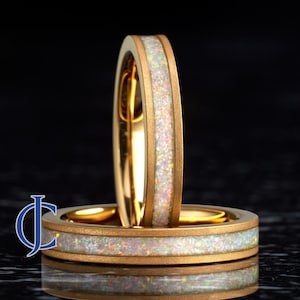 Sandblasted Wedding Band, Opal Inlay, Womens Wedding Ring, Gold Tungsten Womens Ring, 4MM wide