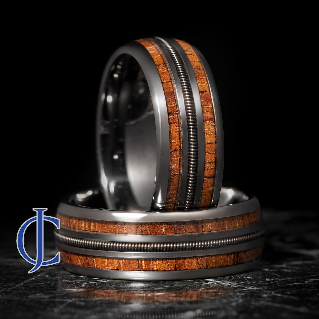 Guitar String Wedding Band With Whiskey Barrel Wood, Whiskey Barrell