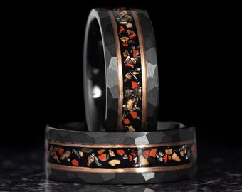 Dinosaur Bone and Meteorite Ring, Black Tungsten Ring, Hammered Mes Wedding Band, Meteorite Mens Band, Mens Wedding Ring, 8mm Wide