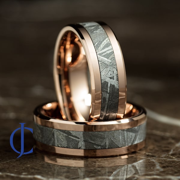 Meteorite Ring, Rose Gold Tungsten Meteorite Ring, Unique Wedding Band, Authentic Swedish Muonionalusta Meteorite Ring, 8MM Wide