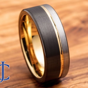 Mens Wedding Band, Gold Tungsten Ring, Mens Ring, Male Wedding Band, Black Ring, Mens Engagement Ring, Engraved Ring, 8MM Wide