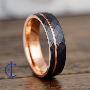 Mens Wedding Band, Hammered Black Tungsten Ring, Rose Gold Tungsten Wedding Band, Mens Ring, Mens Tungsten Wedding Ring, 6mm Wide