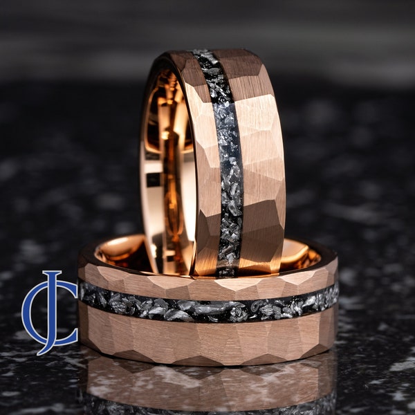 Meteorite Ring, Rose Gold Tungsten Ring, Mens Wedding Band, Hammered Wedding Band, Meteorite Mens Band, Mens Wedding Ring, 8mm Wide