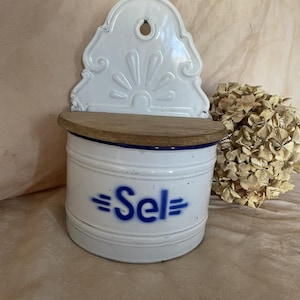 Enamelled wall mounted salt box