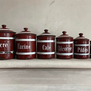 Set of 6 Vintage French  Enamelware Kitchen Cannisters