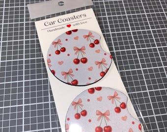 Car Coaster | Coquette Bows and Cherries | Car Accessories | Gifts Under 10 | Set of 2 Coasters